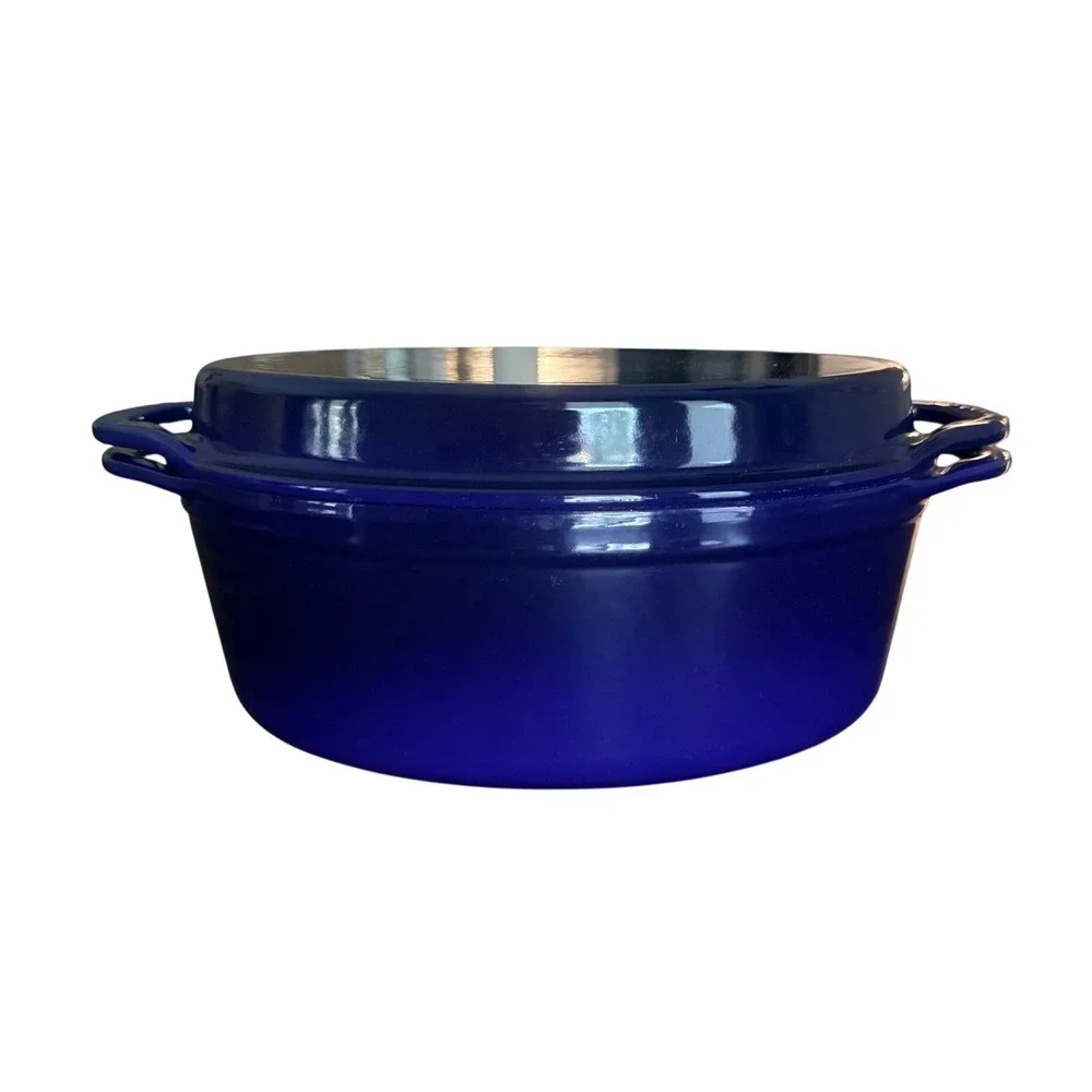 Le Creuset Blue Enameled Cast Iron 2-in-1 Oval Dutch Oven with Grill Pan Lid 28